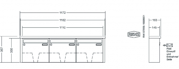 RENZ Briefkastenanlage Aufputz Tetro Kastenformat 370x330x145mm, 3-teilig